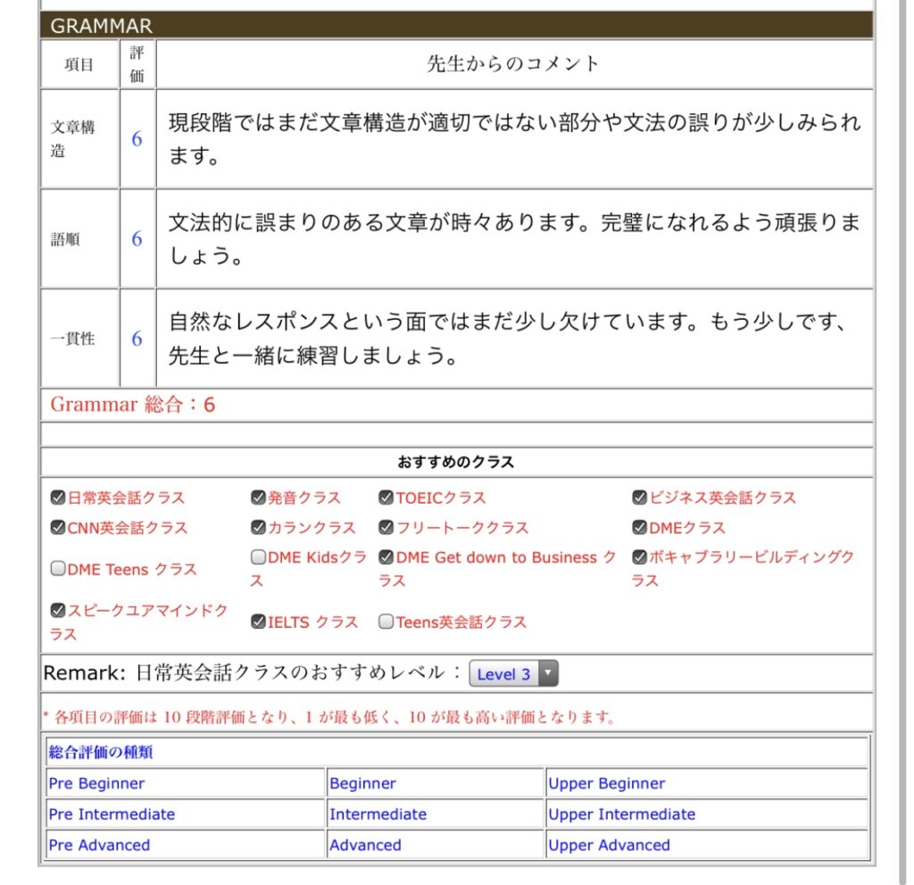 レベルテスト結果グラマー