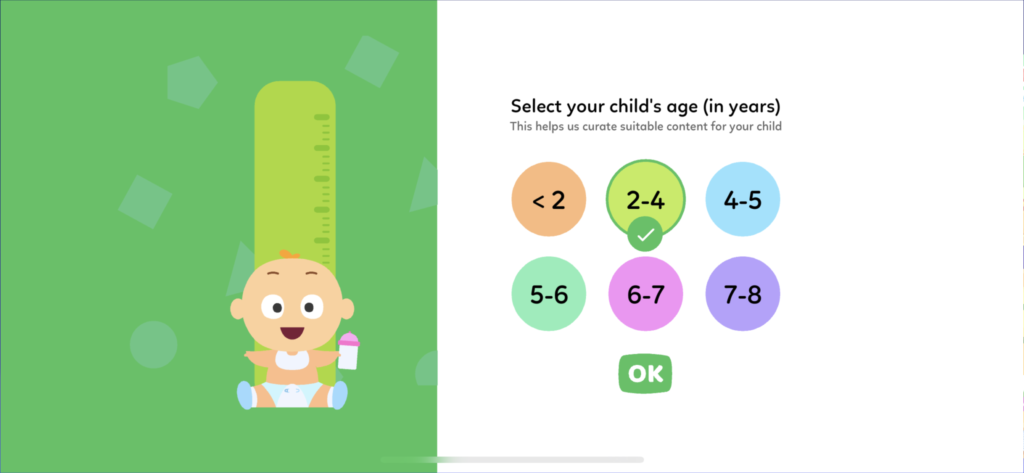 子供向け英語リーディングアプリ『KidloLand』の年齢設定画面の画像