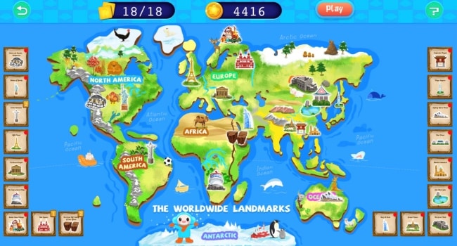トロフィーを使って世界各国の名所や生物等を学べるゲームの画面